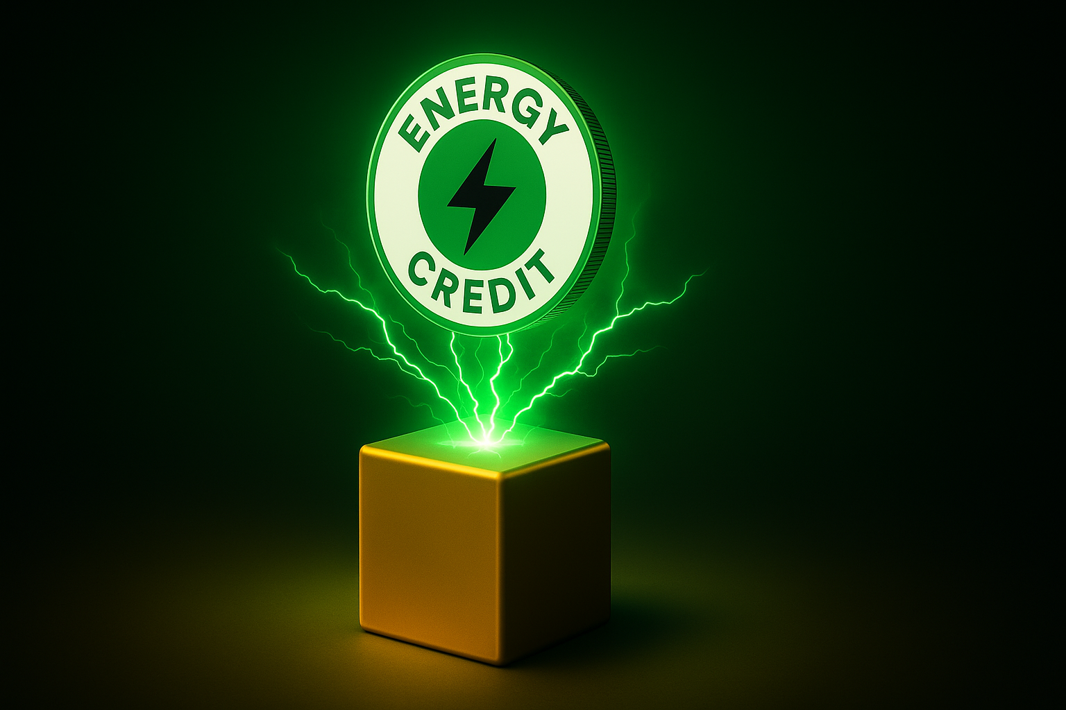 Energy Credit (ENE) token glowing above a cube with green lightning.